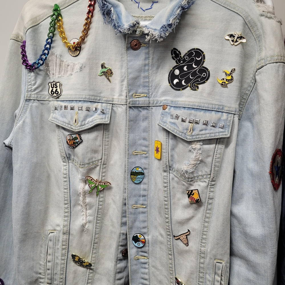 Embellished Denim Jacket with Patches and Chains